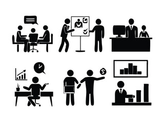Fototapeta premium Business people vector pictogram set with diverse office worker silhouettes and finance student figures