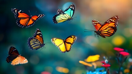 A group of butterflies gracefully flies over verdant foliage, showcasing nature's beauty.