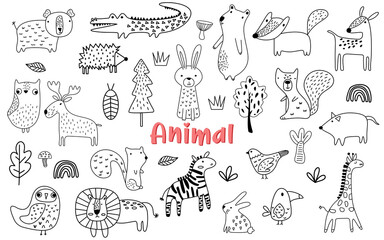cute kawaii animal abstract hand drawn element set