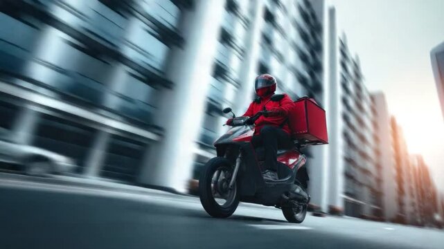 City Delivery: A swift delivery person zooms through the urban landscape on a motorcycle, their red uniform and insulated cargo box highlighting the efficiency of modern service.