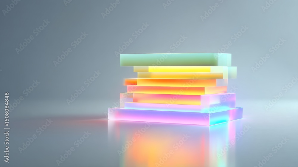 Poster vibrant stacked translucent rectangles with colorful glow reflecting on a surface.