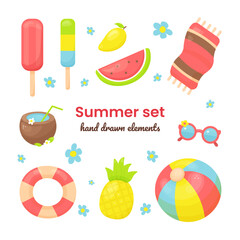 Hand drawn vector summer clipart set with hand drawn elements  ice creams, watermelon, pineapple, coconut drink, beach ball, sunglasses, towel, Lifebuoy,  and mango. 