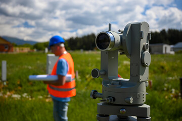 Surveyor using theodolite, a precision optical instrument, for accurate land measurement and surveying on a construction site