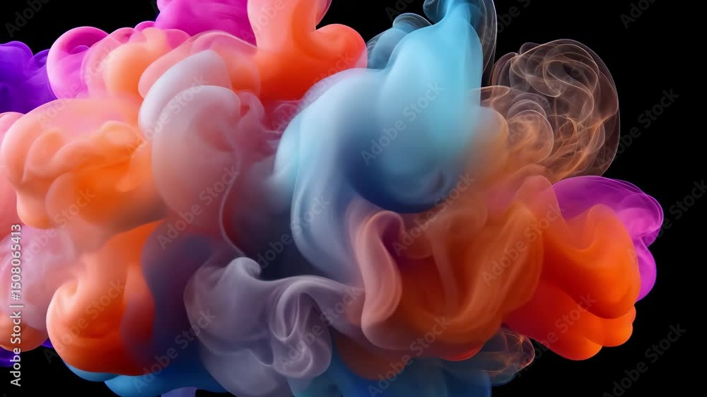 Aufkleber Colorful smoke swirls in vibrant hues create a dynamic visual display against a dark background, Smoke colorful, 3d rendering, Included in the end of the clip with Alpha matte