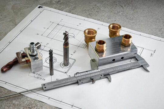 Metalworking concept showing end mills, caliper, machined parts and brass fittings lying on a technical drawing