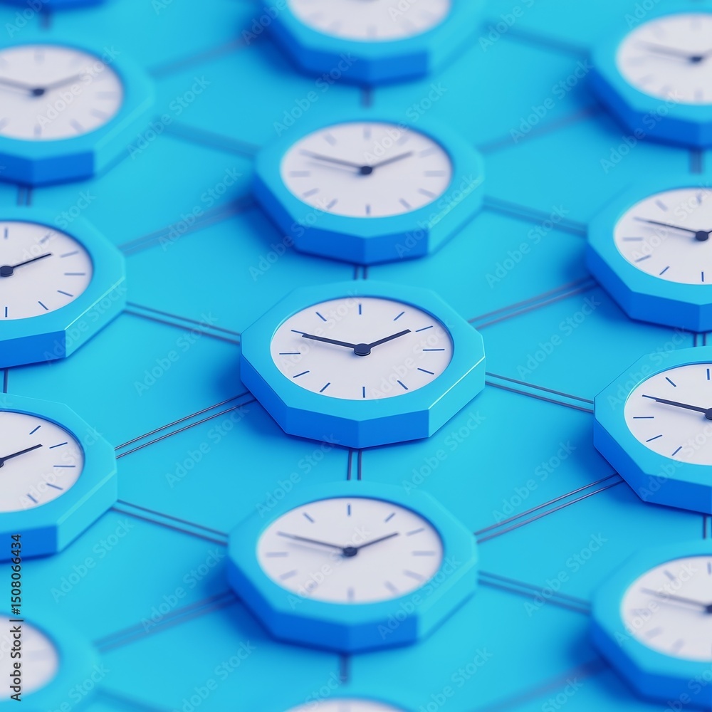 Poster colorful clocks arranged in a hexagonal pattern on a blue background.