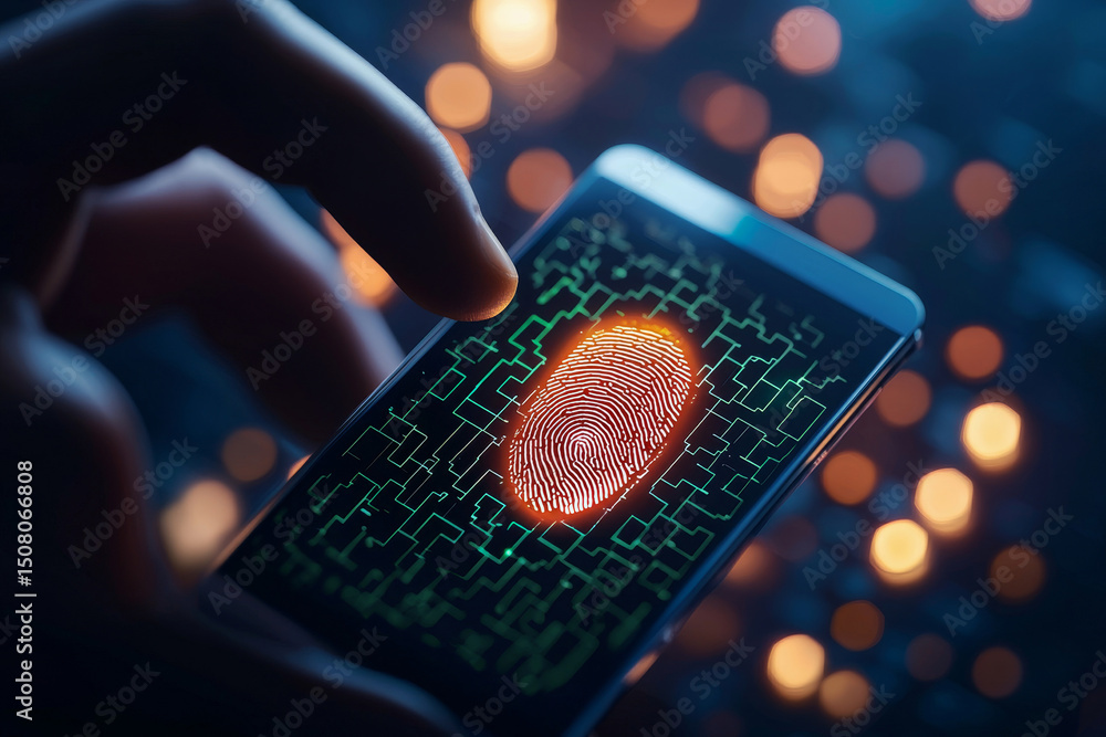 Poster smartphone displaying a fingerprint on a digital interface.