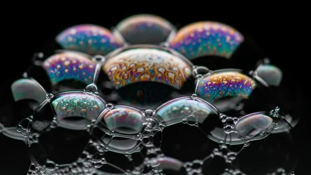 Mesmerizing iridescent soap bubbles float and merge against a dark backdrop, showcasing vibrant rainbow hues and intricate patterns