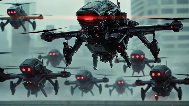 Swarm of AI military sniper drones conducting search operations in urban environment, A swarm of AI military sniper drones searching for the enemy in a war zone