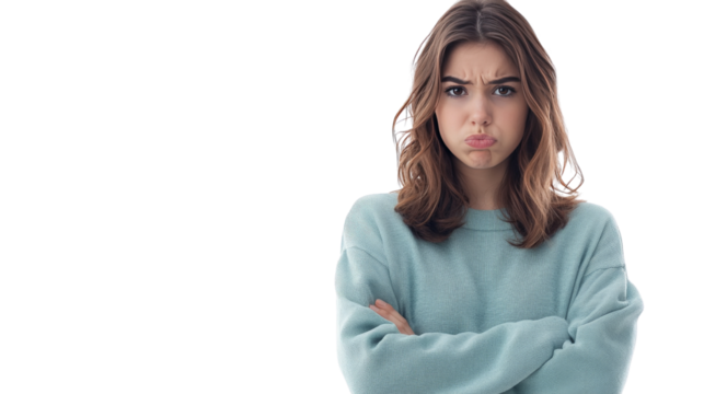 A person crossing their arms and pouting, expressing frustration like a child, Transparent background, PNG file