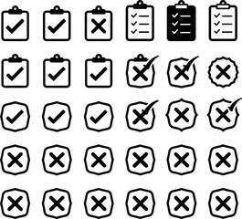Versatile Clipboard, Checkmark, Cross And Checklist Icon Set - Flat Vector Graphics.