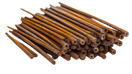 A pile of steel rebar rods for concrete reinforcement, Transparent background, PNG file