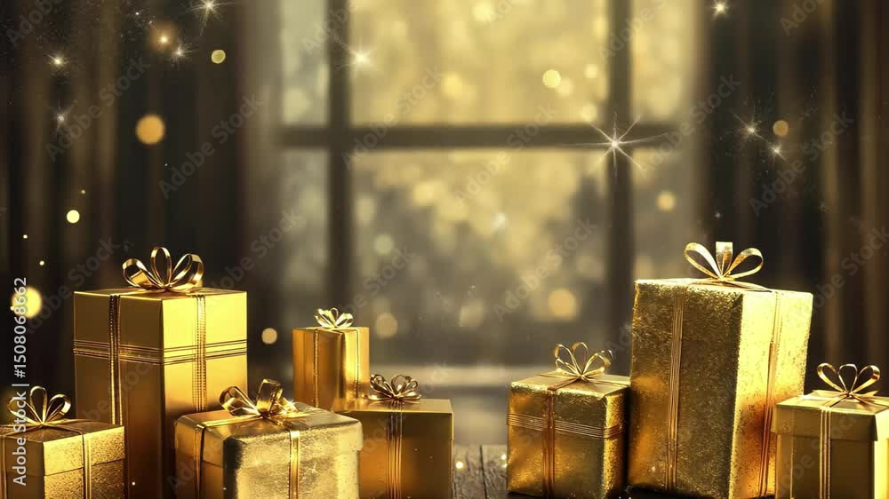 Poster beautiful arrangement of golden gifts with a sparkling dynamic background creating a festive atmosph