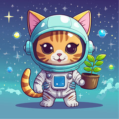 Cute Cartoon Astronaut Cat with Plant