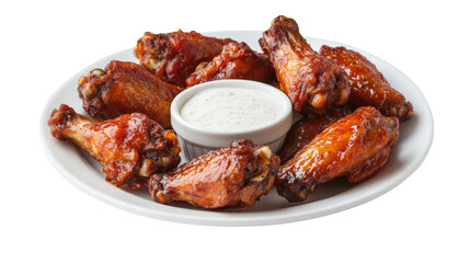 A plate of buffalo wings with ranch dipping sauce, Transparent background, PNG file