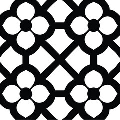 Seamless pattern shows black floral quatrefoil and trellis grid on a white backdrop