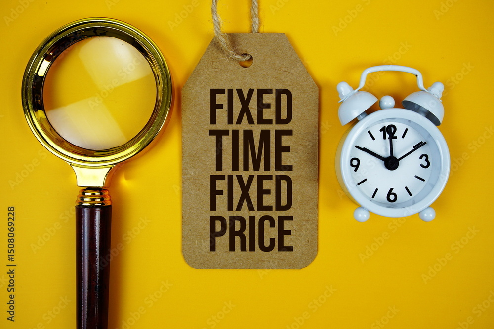 Aufkleber fixed time fixed price text on price tag with magnifying glass and alarm clockon yellow background