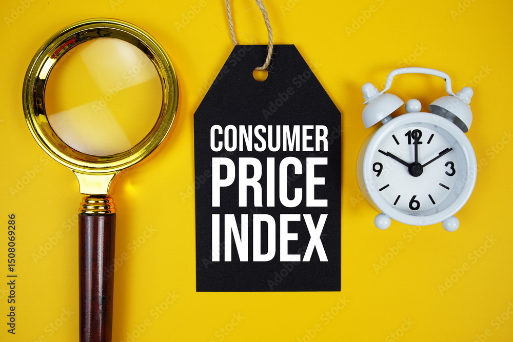 Poster consumer price index text on price tag with magnifying glass and alarm clockon yellow background