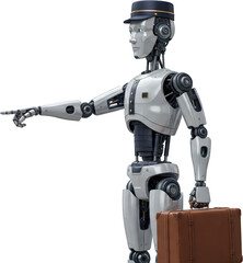 Fototapeta premium Futuristic Robot Porter with Luggage Pointing Direction Service Automation Concept