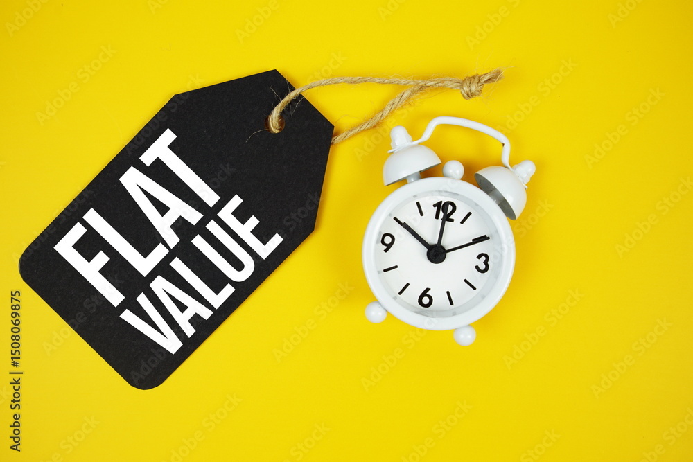 Poster flat value text on price tag with alarm clock on yellow background