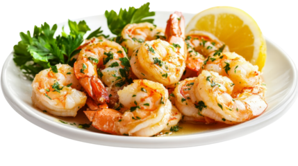 A plate of shrimp scampi with garlic butter sauce, Transparent background, PNG file
