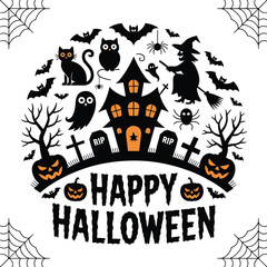 Happy Halloween Colorful Silhouette Design – Haunted House, Witch, Ghosts, Pumpkins, Bats and Graveyard