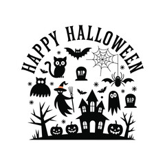 Happy Halloween Illustration – Haunted House, Witch, Ghost, Bats, Pumpkins and Spooky Elements