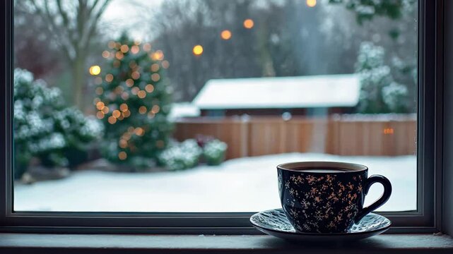 Warm cup of coffee by the window with a snowy yard and holiday lights in the background, Hot coffee by the window showing a snowy yard outside during winter