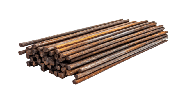 A pile of reinforcing steel bars (rebar) stacked in a bundle, Transparent background, PNG file