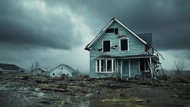 Destruction of homes due to severe tornado aftermath in rural area, house in dangerous caused tornado typhoon hurricane wind videoing