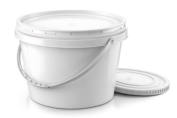 White plastic bucket with lid and handle on white background. Ideal for packaging mockups, product presentation, food storage, commercial use, delivery, branding, and e-commerce visuals.