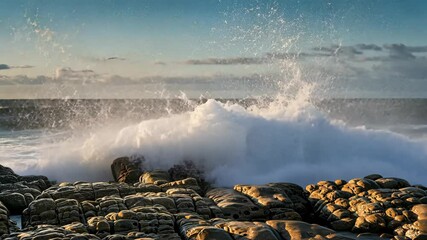 4K footage of powerful waves crashing onto a rocky beach, creating dramatic splashes and natural coastal scenery. Perfect for nature, ocean, and travel projects. - Powered by Adobe