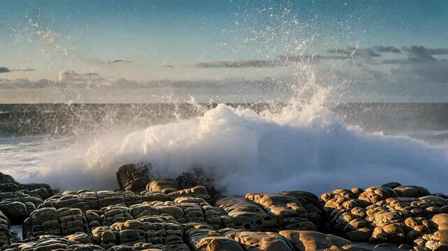 4K footage of powerful waves crashing onto a rocky beach, creating dramatic splashes and natural coastal scenery. Perfect for nature, ocean, and travel projects.