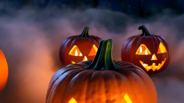 Loopable animation of pumpkins glowing with candles inside on Halloween night, foggy background.
