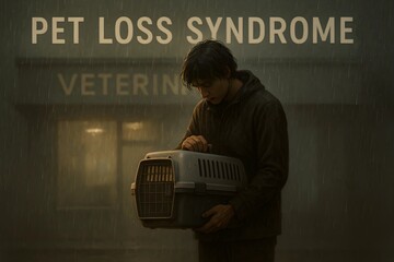 A person stands alone in the rain outside a veterinary clinic, holding an empty pet carrier, evoking deep grief and loss.