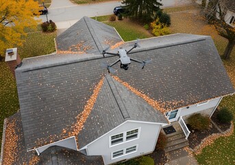 Aerial Drone Inspecting Residential Roof with Autumn Leaves – High-Tech Gutter Maintenance and Safety Check

