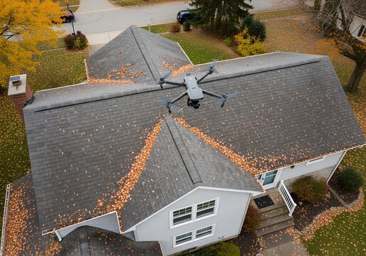 Aerial Drone Inspecting Residential Roof with Autumn Leaves – High-Tech Gutter Maintenance and Safety Check


