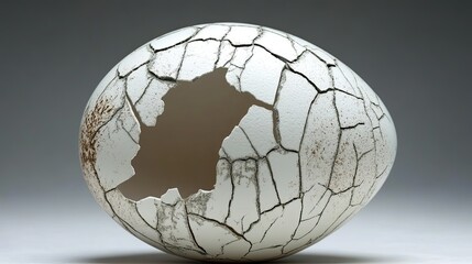 Close up of a cracked white egg with a large hole in the side against a blurred background