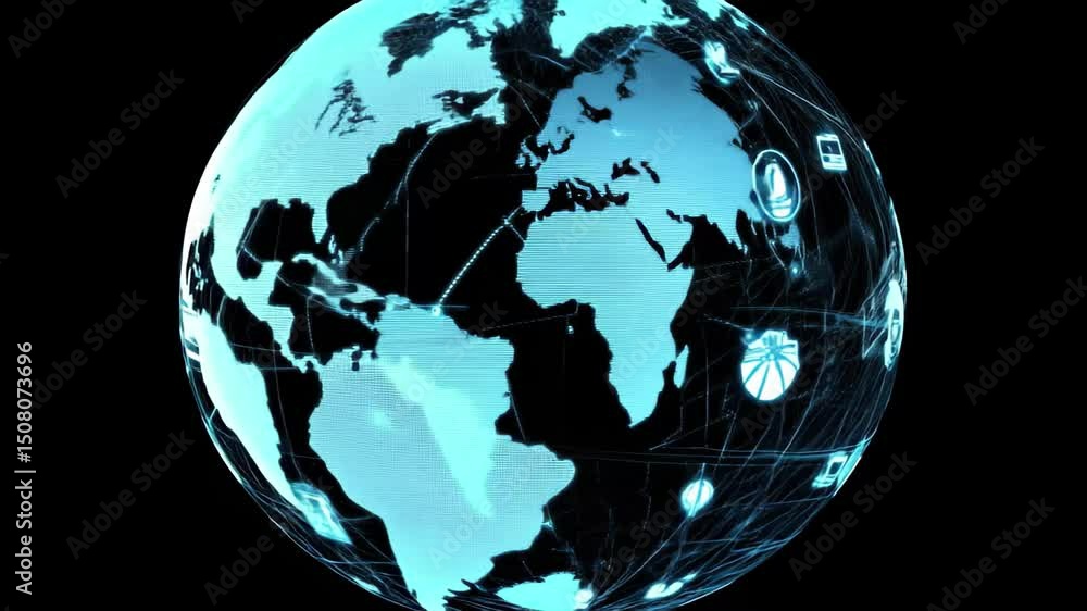 Poster global security awareness with technology icons over a digital globe representation, security awaren