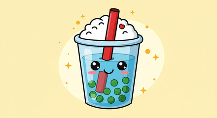 Adorable Cartoon Boba Tea Illustration Cute Kawaii Bubble Tea Cup with Whipped Cream and Straw