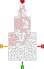 Vertical tower like labyrinth with three entrances. Find the right way and reach the end of the maze. Mental educational game template with clue. Vector illustration