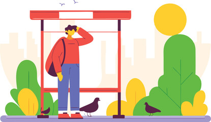 A person waiting at a bus stop with pigeons and a sunny day illustration