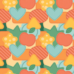 Textile patches seamless pattern. Stitched fabric pieces, patchwork collage, decorative labels, different seams textile, wrapping paper, wallpaper. Print for fabric garish vector background