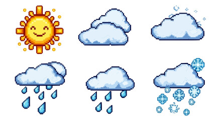Fototapeta premium Pixel art weather icons showing sun, clouds, rain, snow and mixed conditions in a simple graphic style