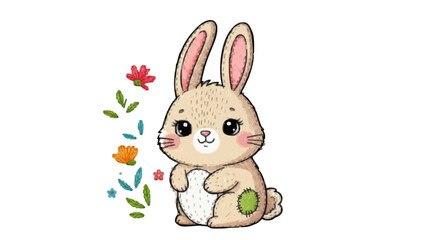 Obraz premium Cute bunny with pink cheeks and a green patch surrounded by flowers and leaves on a white background