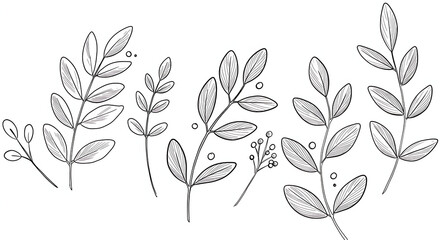 Elegant Botanical Line Art Hand Drawn Leaves Branches Illustration Set