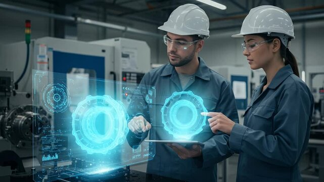 Industrial engineers using augmented reality for precision manufacturing