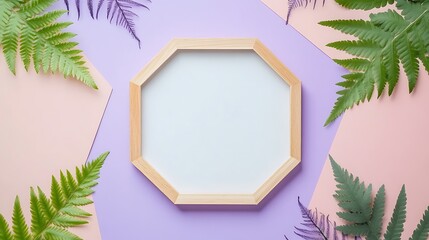 Wooden octagonal frame with fern leaves on a pastel background.