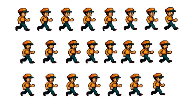 Pixelated character sprite sheet showing a man in a cap running in a side scrolling animation sequence