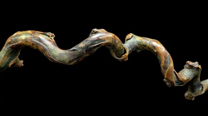 A close-up reveals a contorted, dark-brown vine with mottled green-gray hues, exhibiting a textured, gnarled surface against a stark black backdrop.  The vine twists and turns in a serpentine pattern